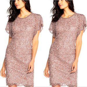Adrianna Papell pink champagne beaded flutter sleeve knee length dress size 12